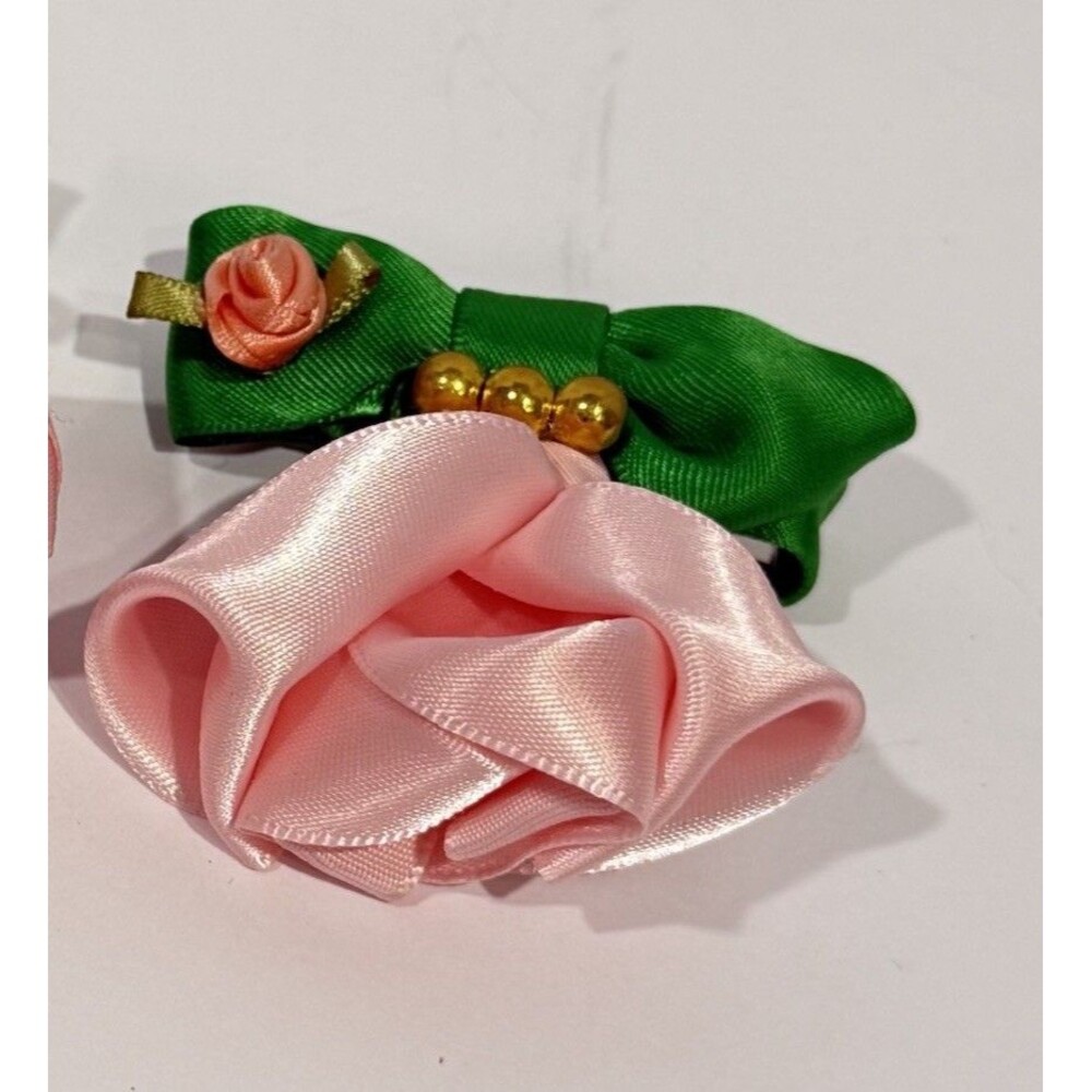 Handmade Satin Rose Hair Clip Pink Flower Green Bow Romantic Cottagecore 2.5 In - Picture 11 of 11